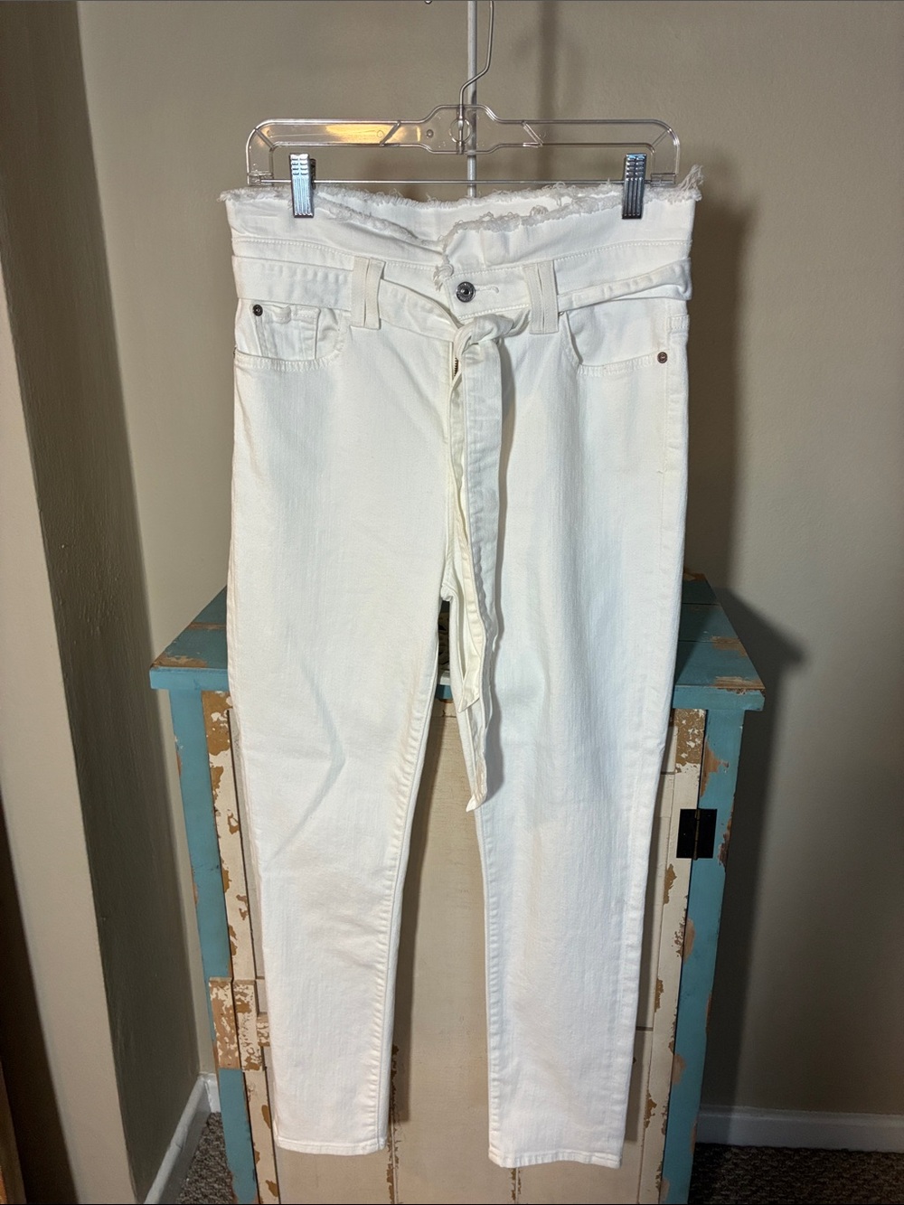 7 For All Mankind White Straight-Leg Jeans with Tie Waist